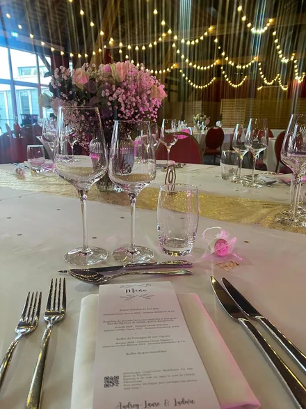 Reception table layout with elegant place settings and floral accents