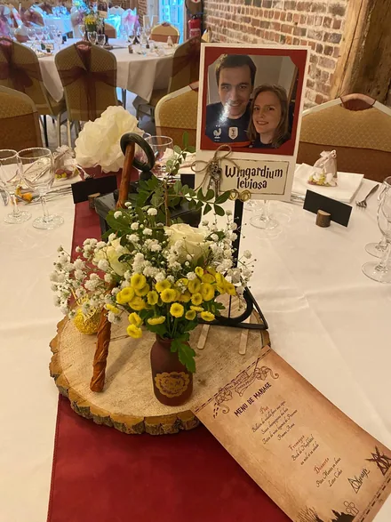 Reception table with custom signage and floral styling